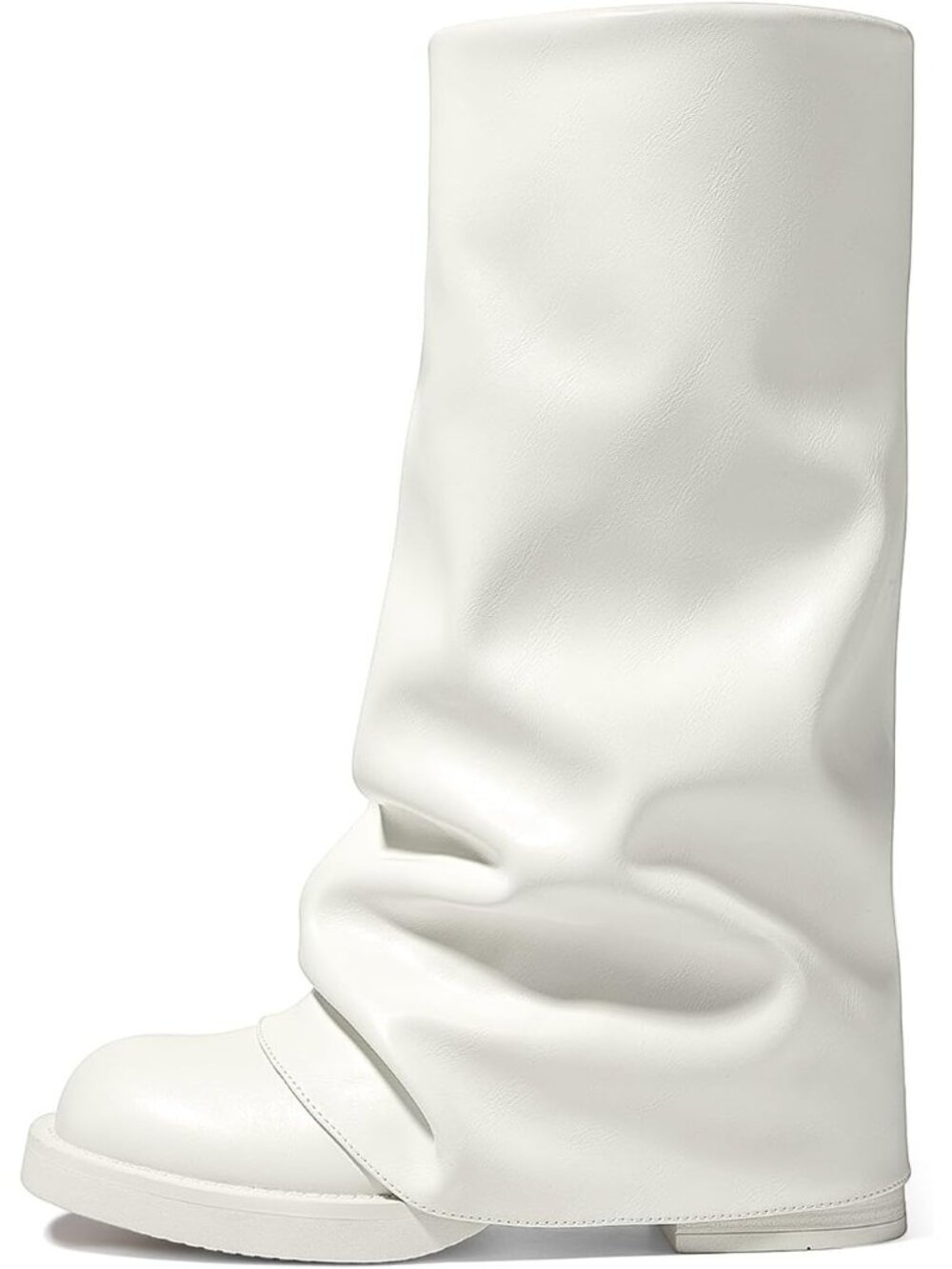 Women's White Fold Over Wide Calf Chunky Platform Low Heel Square Toe Calf Boots